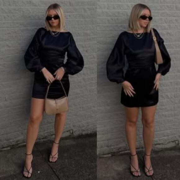 h:ours | Cristiano Mini Dress in Black Noir Satin Statement Sleeve Sheath M - Picture 2 of 14